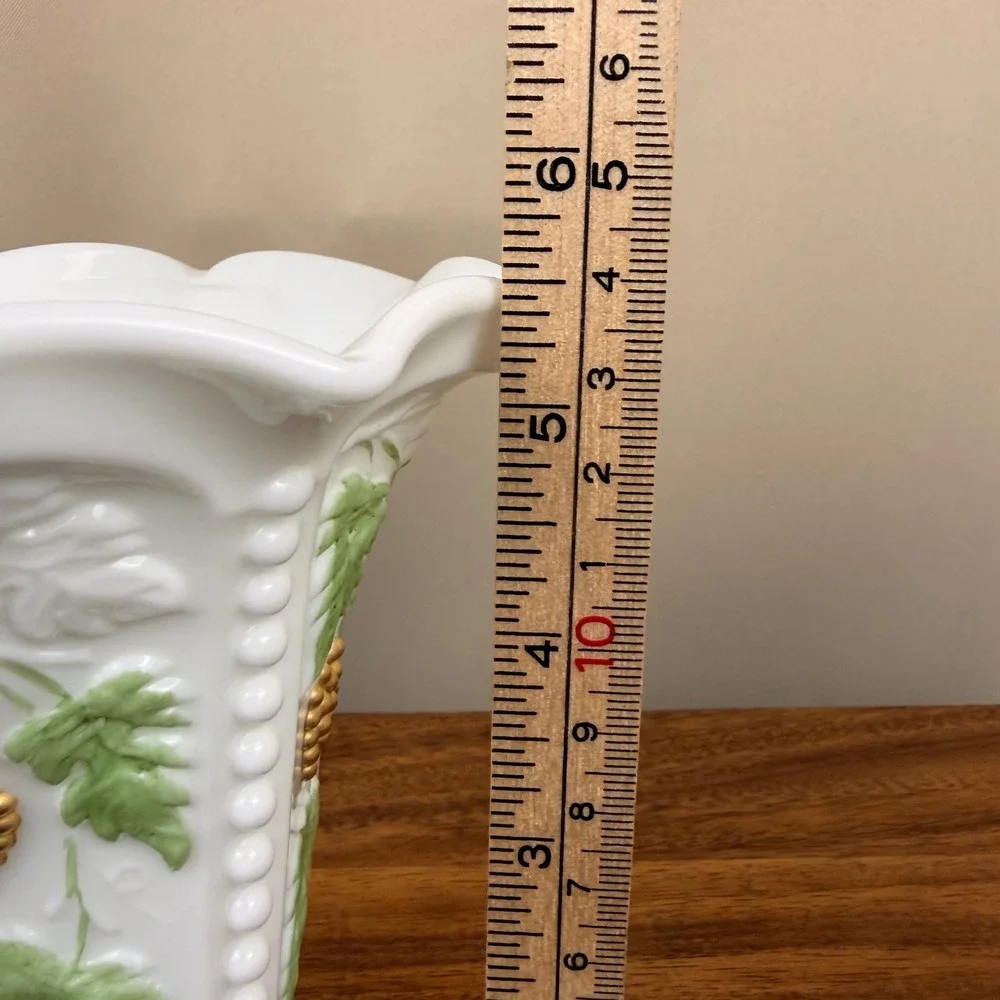 Westmoreland Milk Glass Paneled Grape Vase Hand Painted Green Gold Footed 6.25